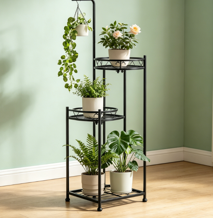 Multi-Tiered Iron Plant Stand with Hanging Hooks