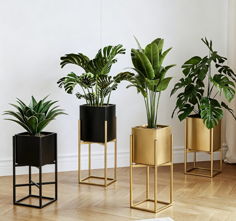 Light Luxury Geometric Metal Tall Plant Stand Set